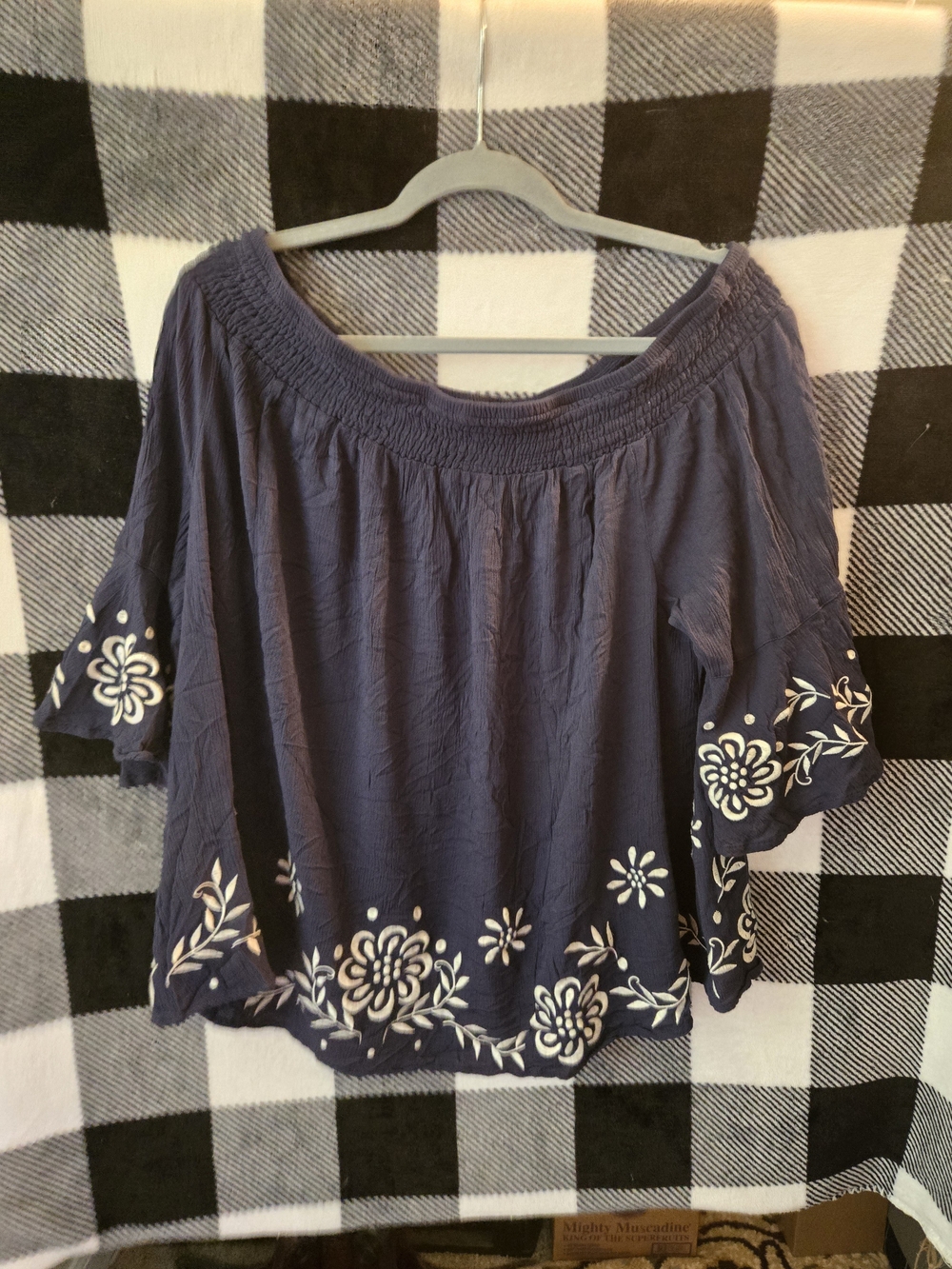 Boho Off-Shoulder Embroidered Peasant Top - Navy Blue